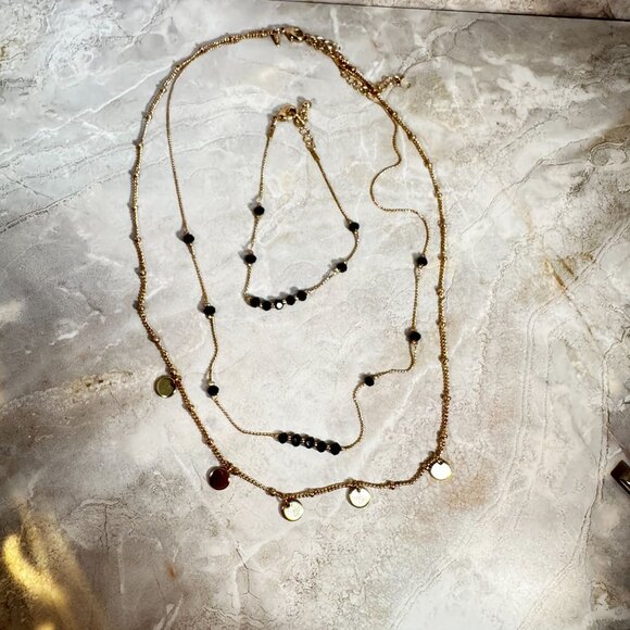 Layered Gold & Black Beaded Necklace Set With matching Bracelet Signed NRQ - Picture 3 of 8